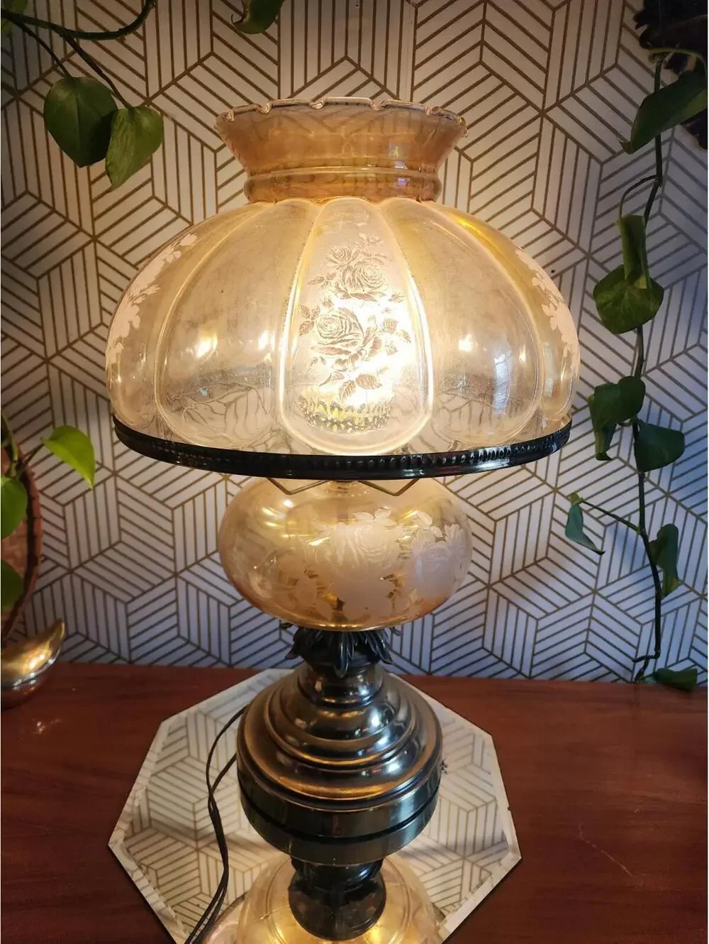 Vintage Clear Amber Glass Hurricane Gone With The Wind Floral Table Lamp 20